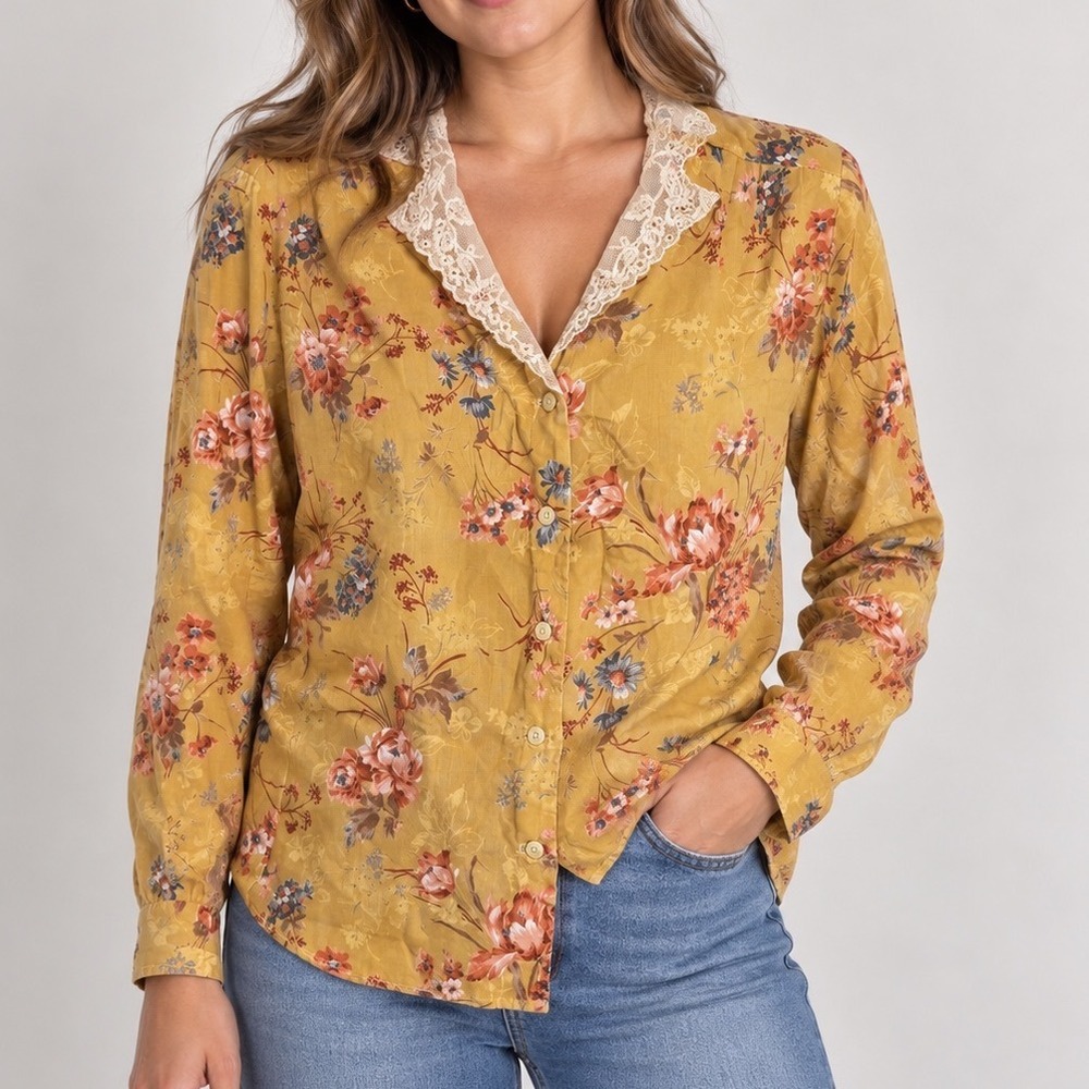 Vintage Fritzi Mustard Floral Blouse Small Lace Collar Cottagecore Button Front